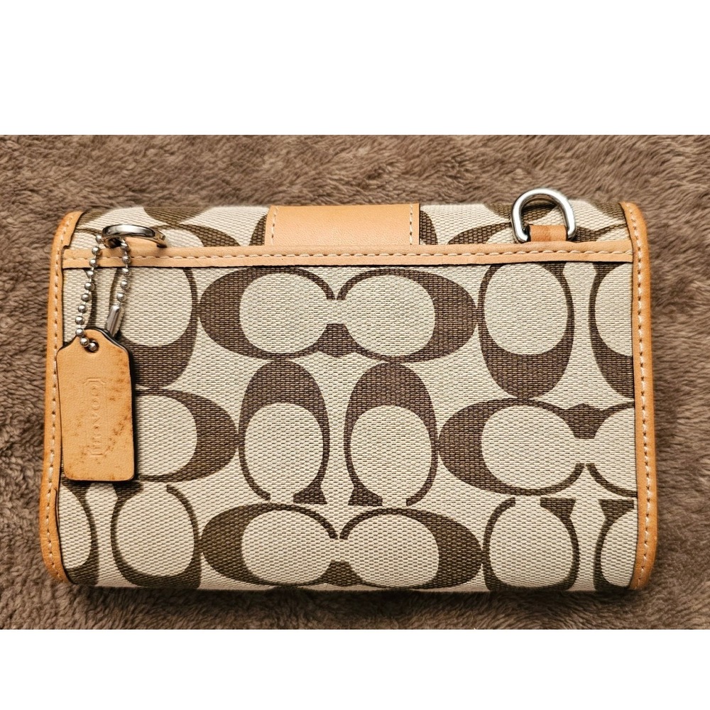 Coach Signature Canvas Trifold Wallet Crossbody Bag Khaki Brown Tan Leather - Picture 3 of 15